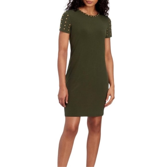 EUC CARMEN MARC VALVO Studded Green Dress Size Large - Picture 1 of 11